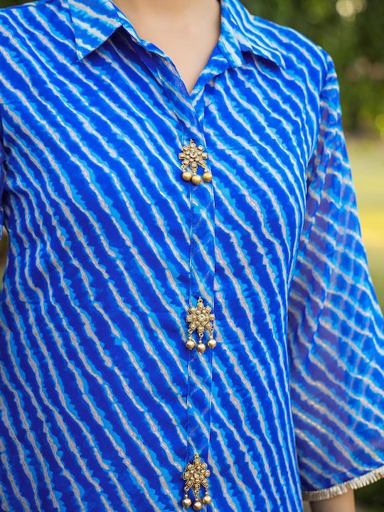 SCAKHI Laheriya Printed Shirt Collar Kurta With Trousers