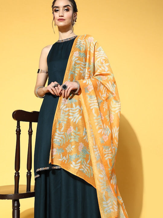 Yufta Green & Orange A-Line Sleeveless Kurta With Palazzos & Dupatta