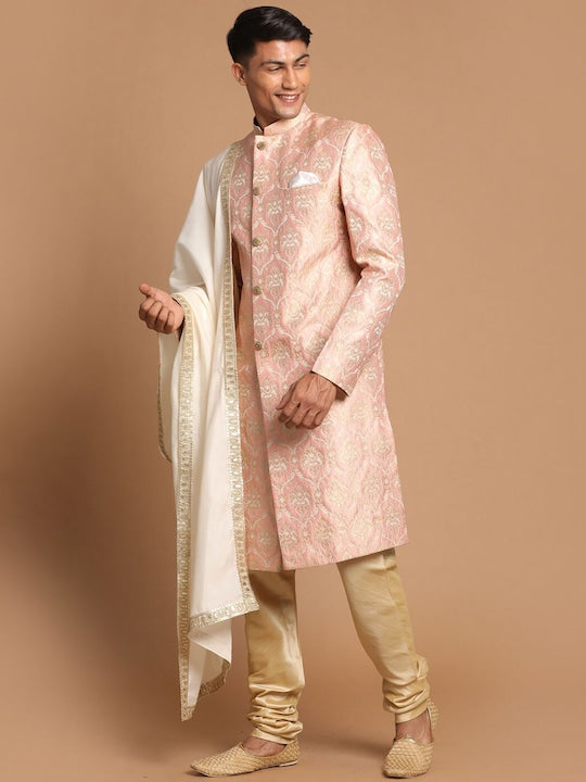 Vastramay Men Pink & Golden Woven Design Sherwani With Embellished Dupatta