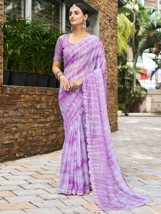 Satrani Tie and Dye Printed & Woven Zari Strips Saree