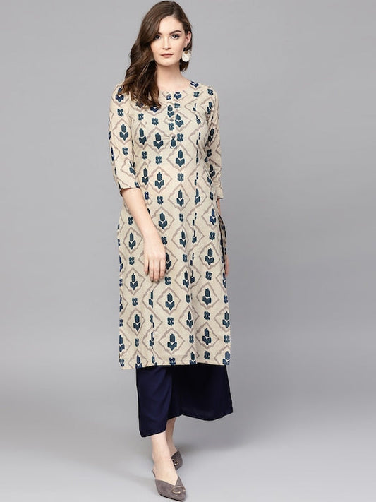 Yufta Women Beige & Blue Printed Kurta with Palazzos