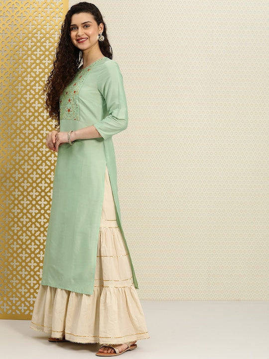 House of Pataudi Women Green Yoke Design A-Line Kurta