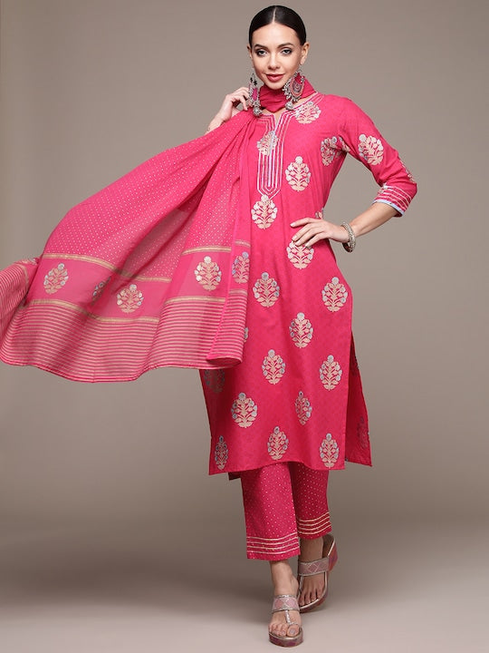 Anubhutee Women Pink Floral Printed Pure Cotton Kurta with Trousers & With Dupatta