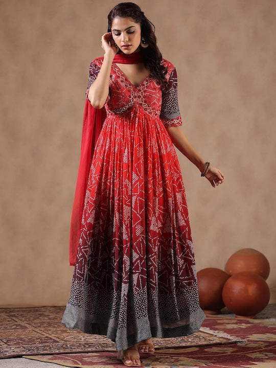 Scakhi Bandhani Printed V-Neck Mirror Work Kurta with Trousers & Dupatta