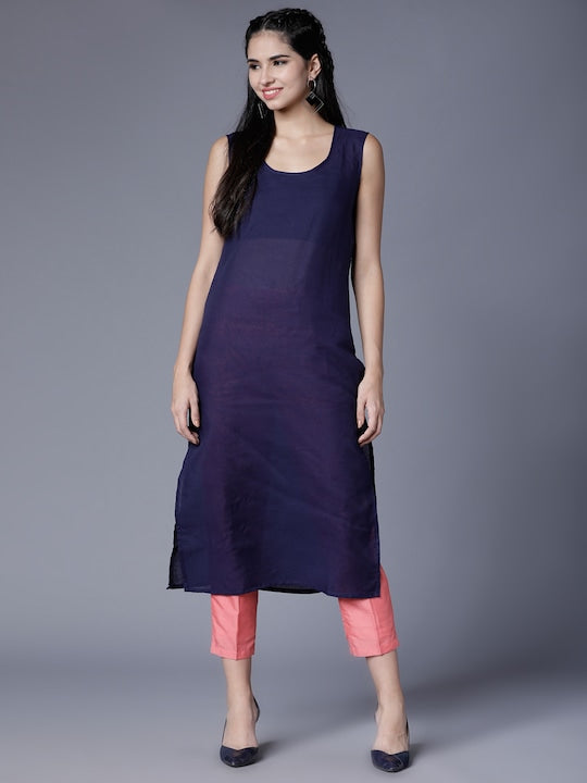 Vishudh Women Navy Blue & Pink Floral Printed Straight Kurta