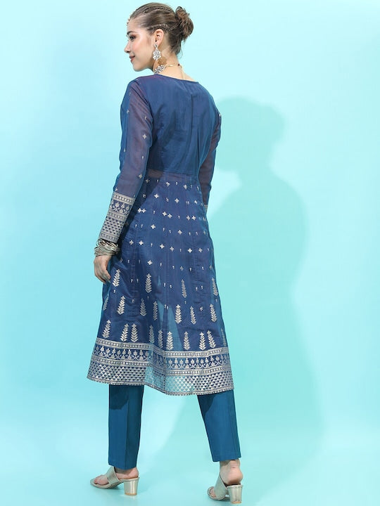 Vishudh Women Blue Ethnic Motifs Embroidered Kurta with Trousers