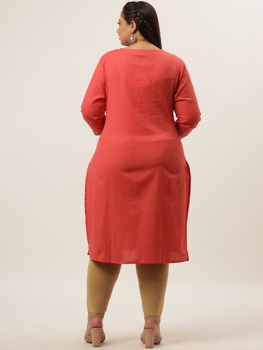 Yufta Women Plus Size Peach-Coloured Floral Embroidered Thread Work Kurta