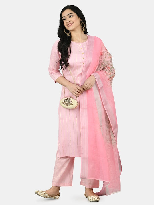 Myshka Women Pink Striped A-Line Pure Cotton Kurta with Trousers & Dupatta