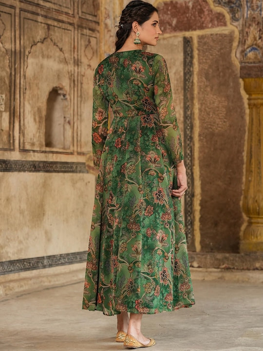 Scakhi Floral Printed Sequined Silk A Line Ethnic Dress