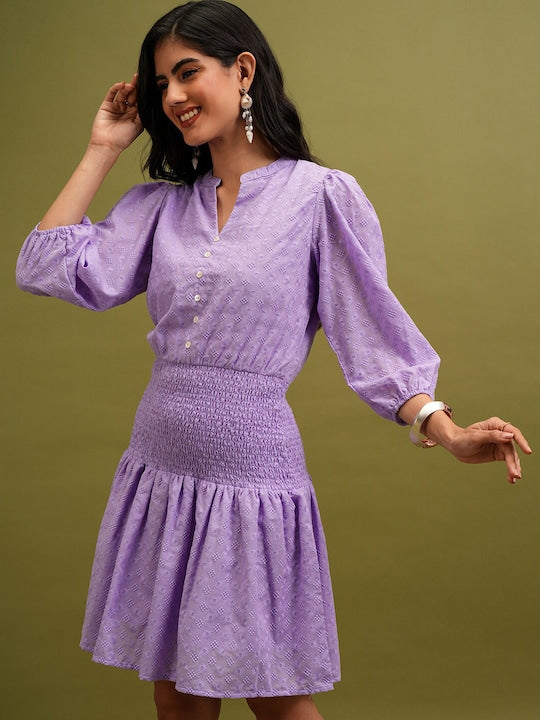 Vishudh Lavender Self Design Mandarin Collar Puff Sleeves Smocked A-Line Dress
