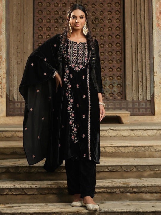 Scakhi Floral Embroidered Notched Neck Velvet Kurta With Trousers & Dupatta