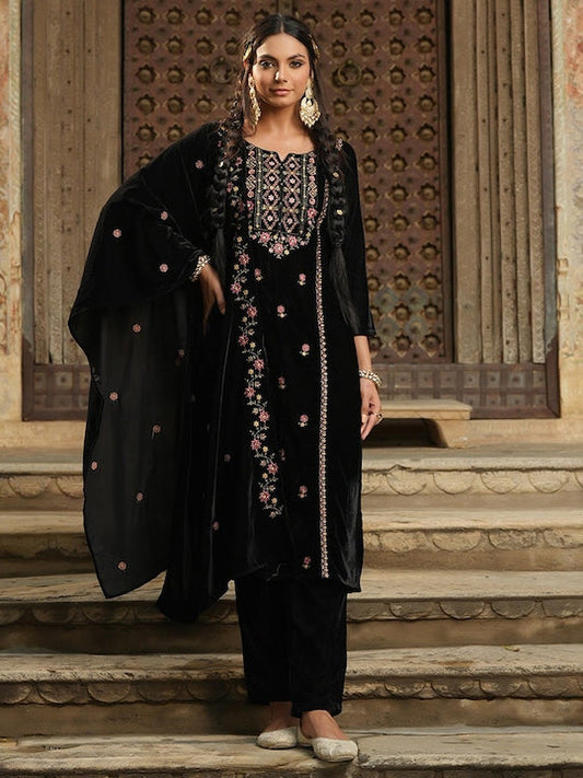 Scakhi Floral Embroidered Notched Neck Velvet Kurta With Trousers & Dupatta