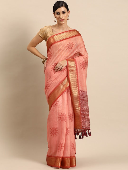 Silk Land Ethnic Motifs Printed Zari Block Print Saree