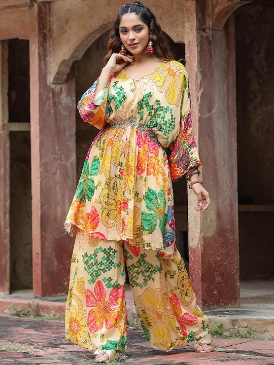 Scakhi Floral Printed V-Neck Anarkali Kurta With Palazzo