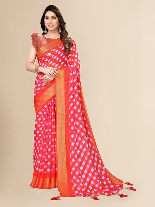 Fabmora Checked Zari Pure Chiffon Saree