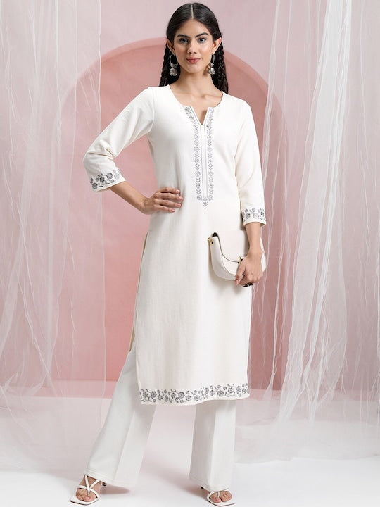 Vishudh Cream-Coloured Floral Yoke Design Thread Work Straight Kurta