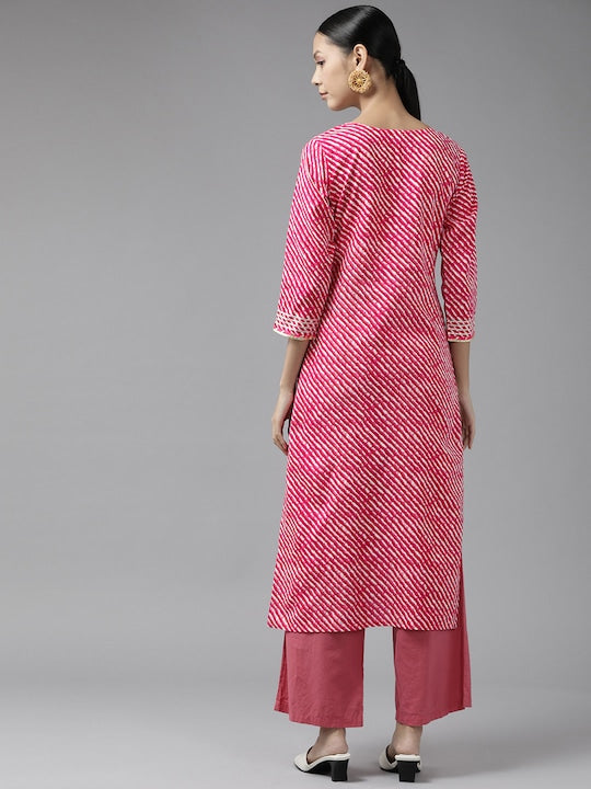 Yufta Women Pink Leheriya Printed Gotta Patti Kurta