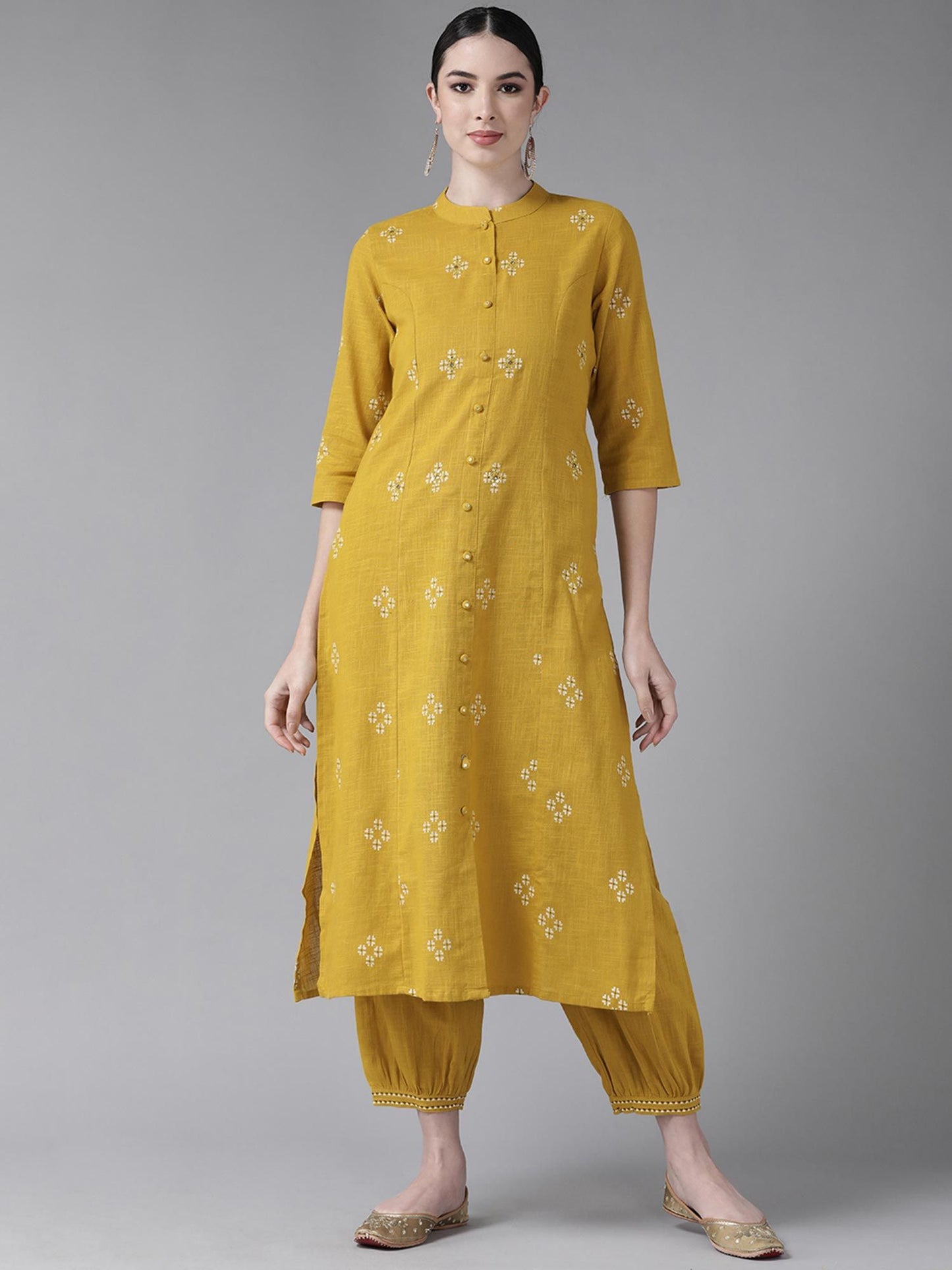 ISHIN Women's Cotton Mustard Yellow Embroidered A-Line Kurta Salwar (Set of 2)