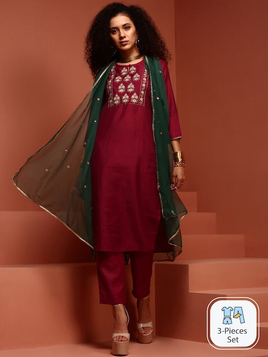 IMARA Ethnic Motifs Embroidered Gotta Patti Kurta With Trousers & Dupatta
