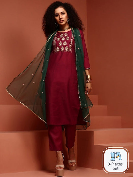 IMARA Ethnic Motifs Embroidered Gotta Patti Kurta With Trousers & Dupatta
