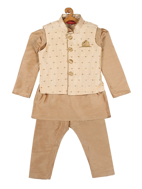 Vastramay Sishu Infant Boys Rose Gold Silk Blend Kurta & Pyjamas With Gold Woven Nehru Jacket