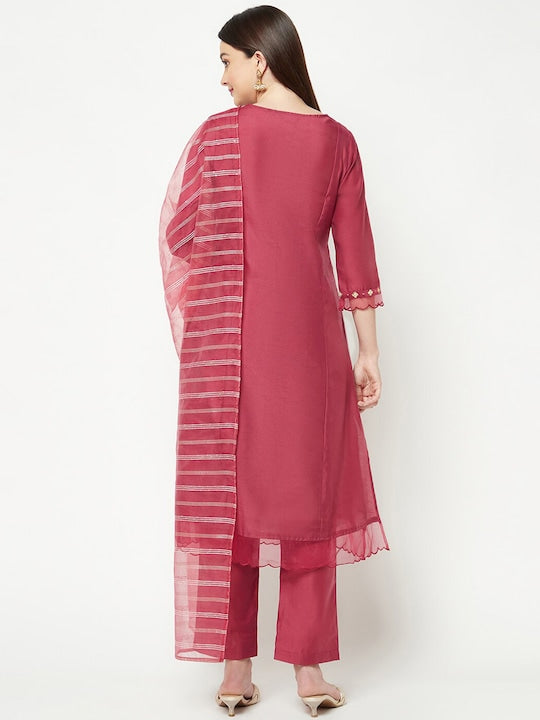 IMARA Floral Yoke Design Sequinned Detail Regular Kurta & Trousers With Dupatta