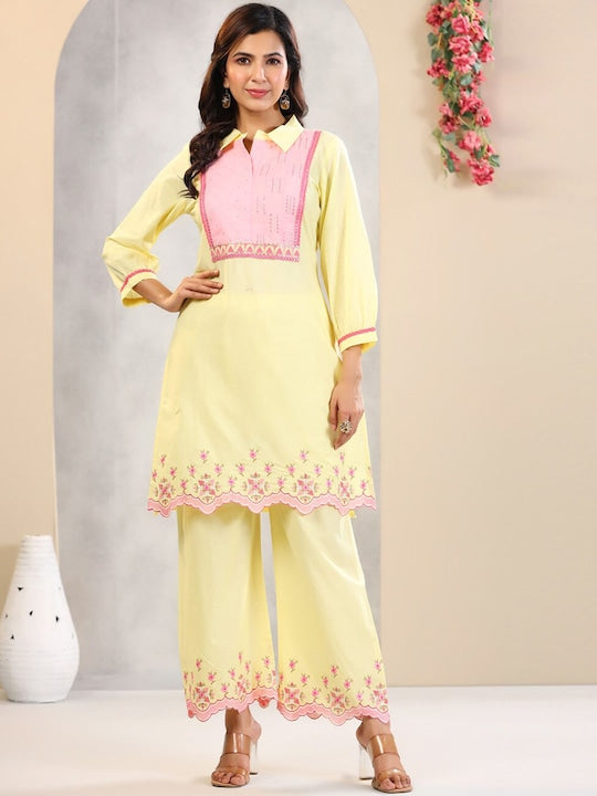 Readiprint Fashions Floral Yoke Design Regular Mirror Work Pure Cotton Kurta With Palazzos