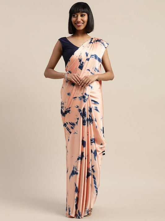 Mitera Peach-Coloured & Navy Blue Poly Crepe Ombre Printed Saree