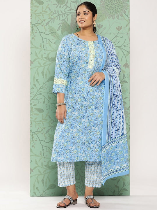 Yufta Plus Size Floral Printed Thread Work Pure Cotton Kurta with Trousers & With Dupatta