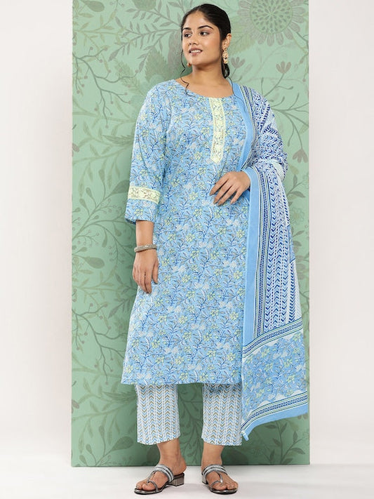 Yufta Plus Size Floral Printed Thread Work Pure Cotton Kurta with Trousers & With Dupatta
