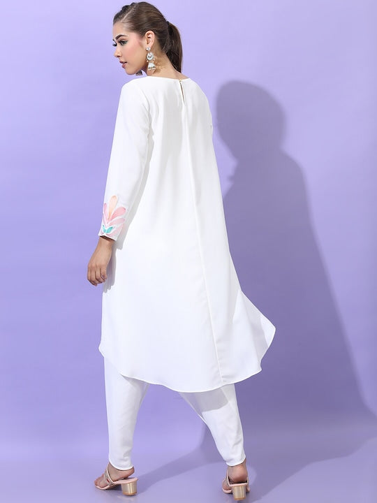 Vishudh Women White Printed High-Low Kurta With Dhoti Pants