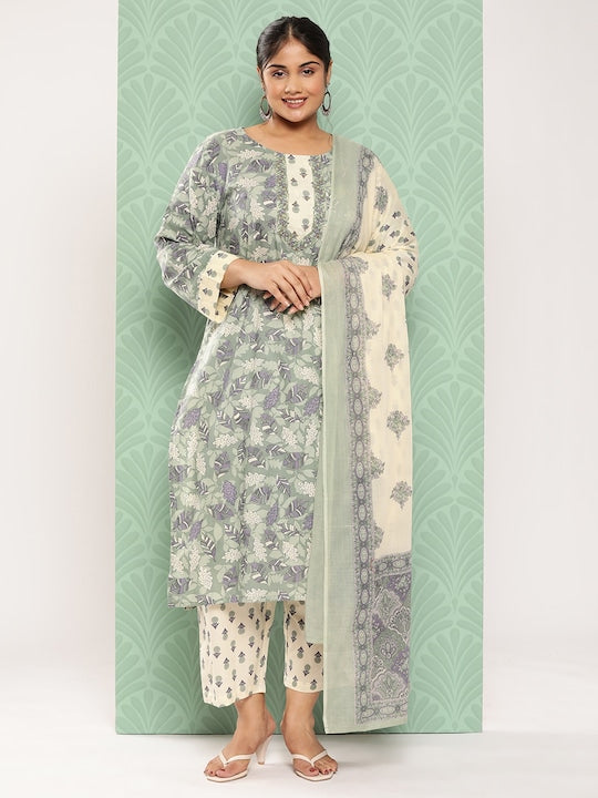 Yufta Women Plus Size Floral Printed Pure Cotton Kurta with Trousers & With Dupatta - 6XL