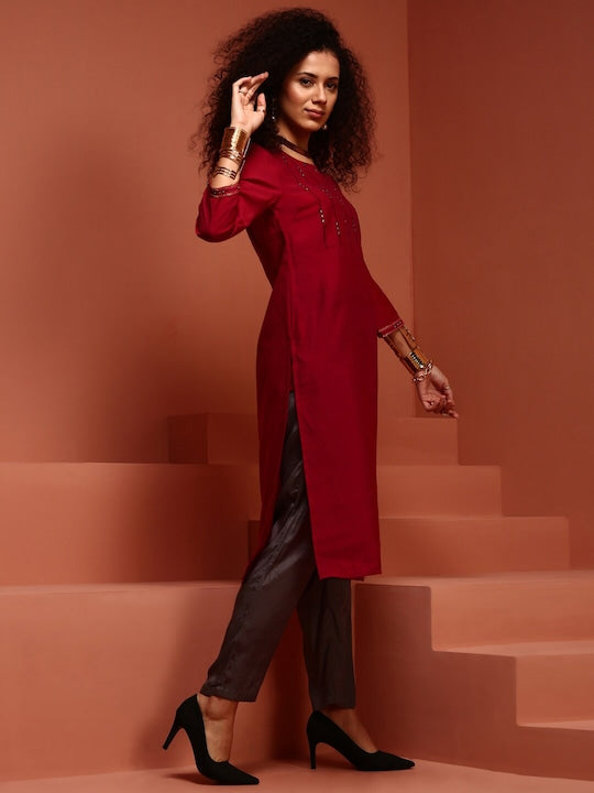 IMARA Ethnic Motifs Embroidered Mirror Work Kurta & Trousers With Dupatta