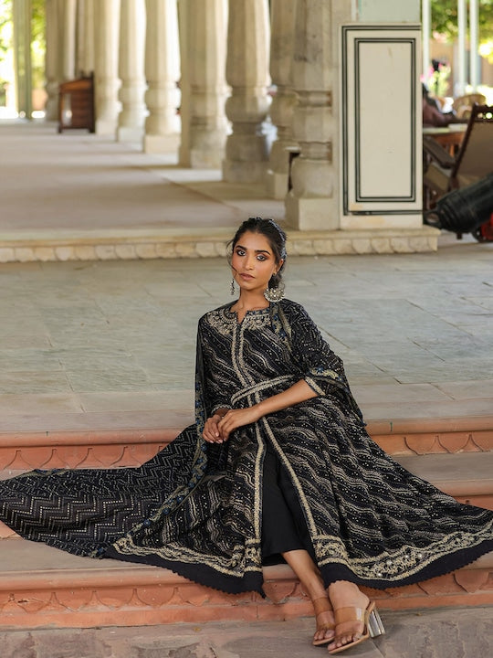 Scakhi Bandhani Printed Thread Work Kurta with Trousers & With Dupatta