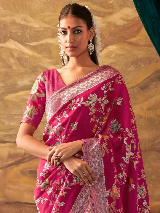 Mitera Pink & White Ethnic Motifs Zari Silk Banarasi Saree