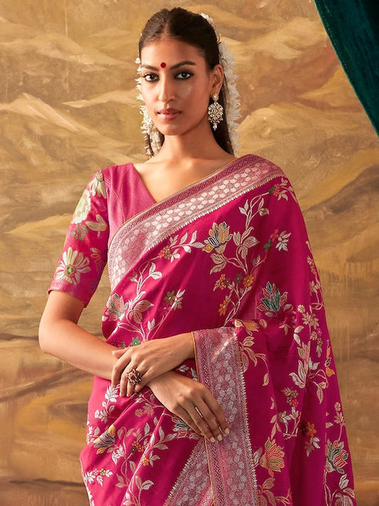 Mitera Pink & White Ethnic Motifs Zari Silk Banarasi Saree