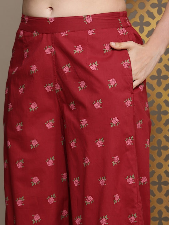 House of Pataudi Women Jashn Floral Printed Pure Cotton Kurta With Palazzos