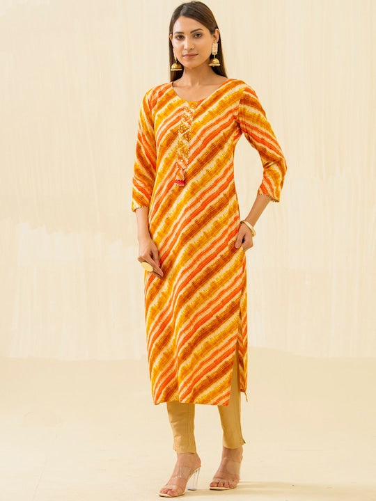 Sangria Leheriya Printed Round Neck Gotta Patti Straight Kurta