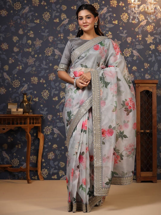House of Pataudi Floral Printed Sequinned Saree