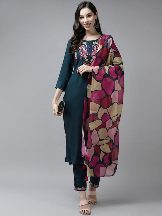Yufta Women Teal Yoke Design Thread Work Kurta with Trousers & With Dupatta