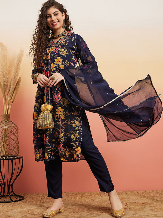 Sangria Navy Blue Floral Printed Mirror Work Straight Kurta With Trouser & Dupatta