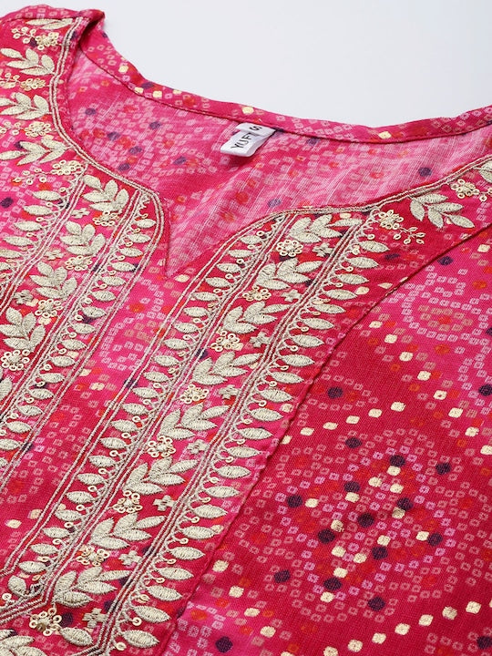 Yufta Women Pink Bandhani Printed Gotta Patti Kurta
