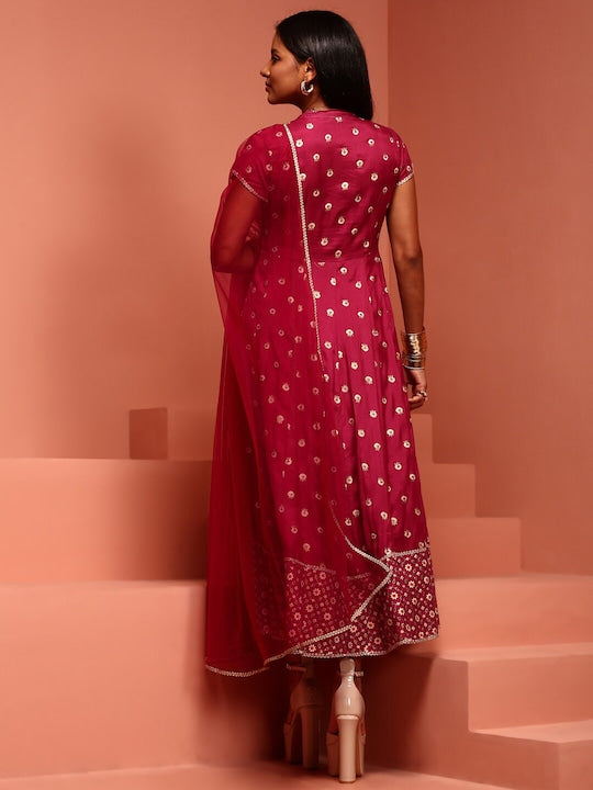 IMARA Ethnic Motifs Printed A-Line Ethnic Dress With Dupatta