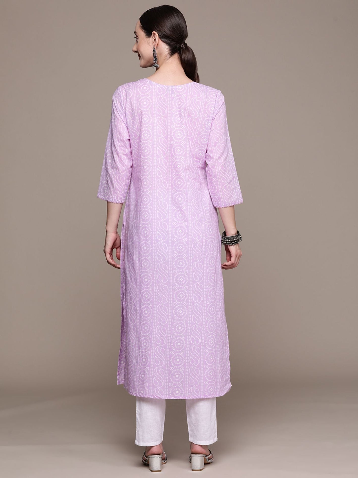 ISHIN Womens Cotton Blend Lavender Bandhani Printed A-Line Kurta