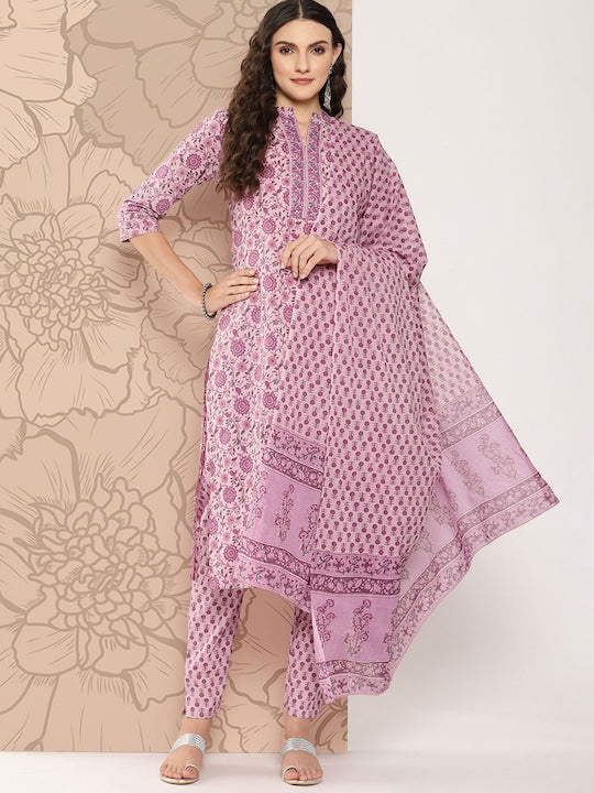 Yufta Women Floral Printed Regular Sequinned Pure Cotton Kurta with Trousers & Dupatta