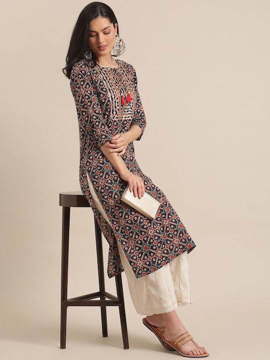 Varanga Women Navy Blue & Beige Ethnic Motifs Printed Keyhole Neck Gotta Patti Kurta
