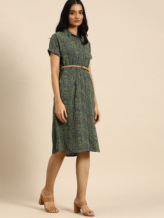 All about you Green Shirt Dress with Belt