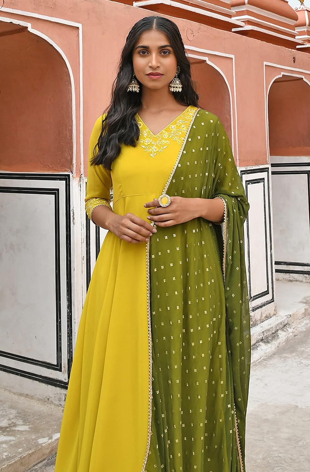 Janasya Women's Yellow Georgette Embellished Kurta with Palazzo and Dupatta