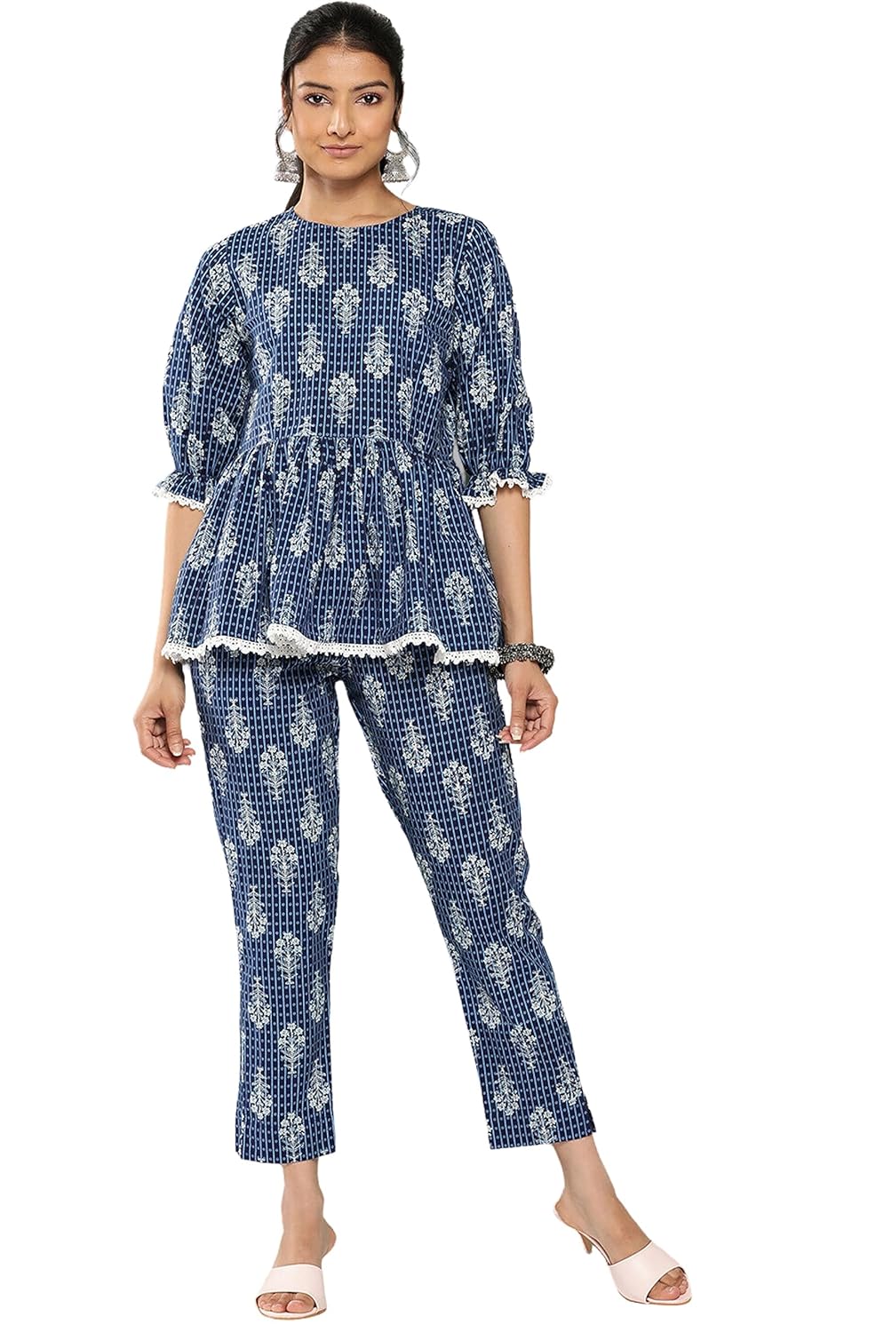 Janasya Women's Blue Cotton Floral Printed Co-ords Set