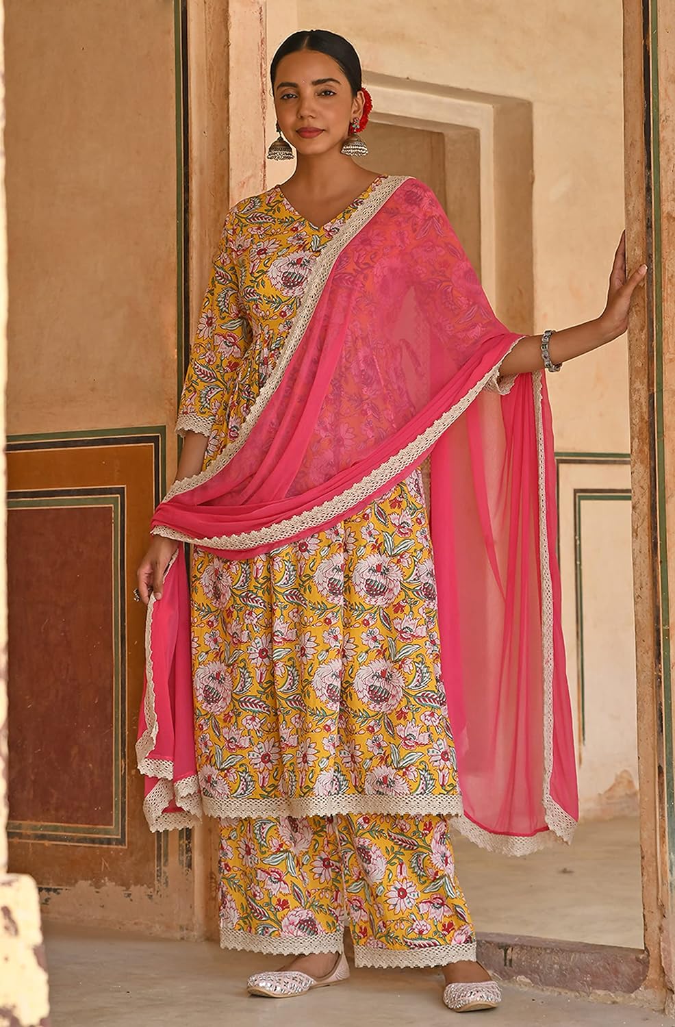 Janasya Women's Yellow Cotton Floral Print Kurta with Palazzo and Dupatta